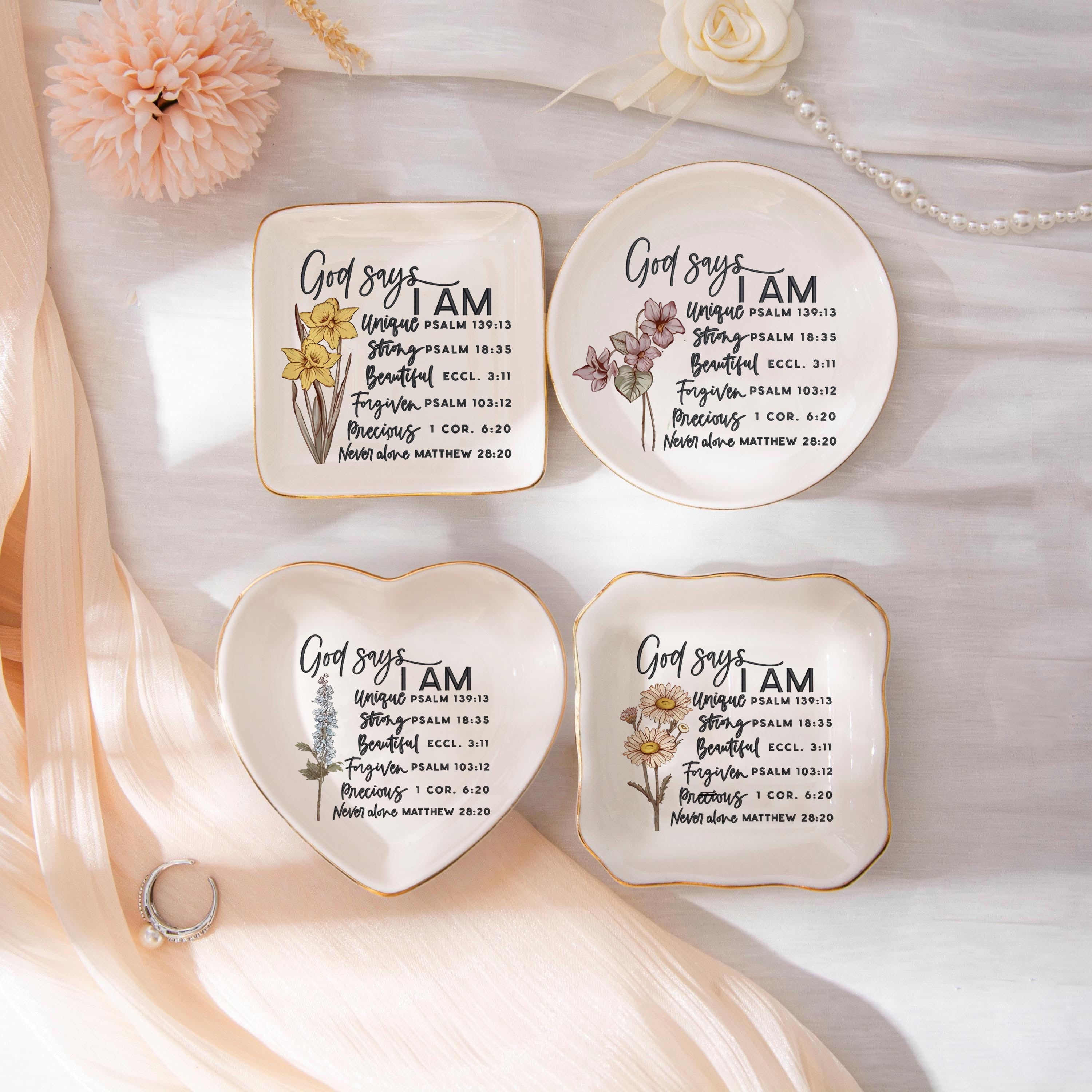 God Says I Am Jewelry Dish With Birth Flower, Christian Bible Verse Ring Dish, Religious Faith Gift, Baptism Confirmation Gift, Inspirational Scripture Tray JDLAF09